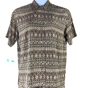 Studio 121 Silk Blouse Short Sleeve Button Up Collared Top Red Khaki Geometric